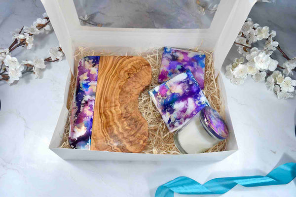 Bundle Gift Set Box - Hamper Present - Resin Cheese Board, Drinks Coasters, Linen Candle