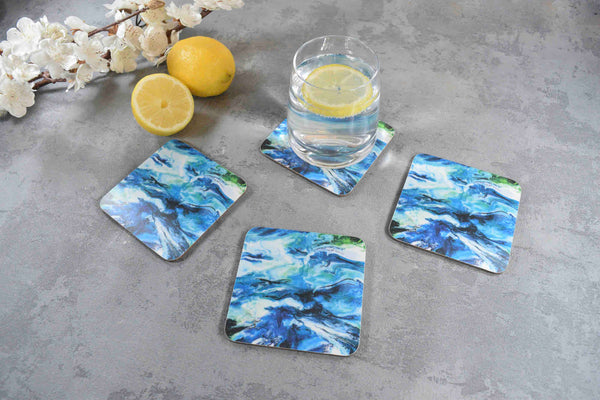 Melamine Coaster Set with Ocean Blue Abstract Art - Housewarming Gift