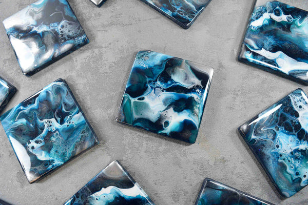 Blue Teal Silver Resin Art Drinks Coasters - Luxury Wedding Gift Idea