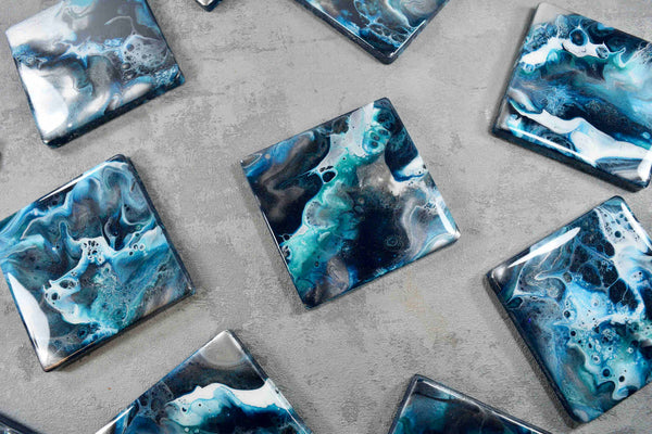 Blue Teal Silver Resin Art Drinks Coasters - Luxury Wedding Gift Idea