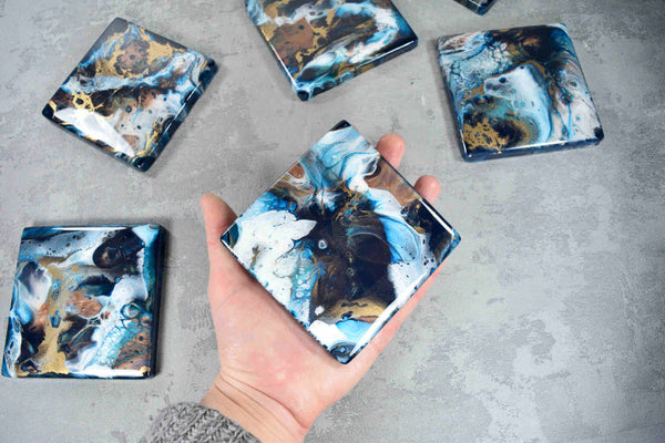 Blue Bronze Gold Abstract Art Drinks Coasters - Housewarming Gift Idea