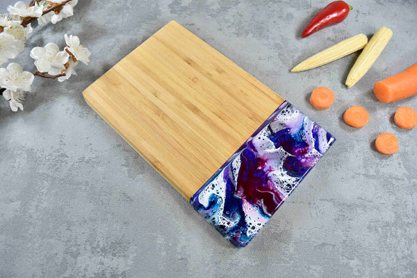 Bamboo Cutting Board with Purple Resin Art 24cm - Unique Birthday Gift
