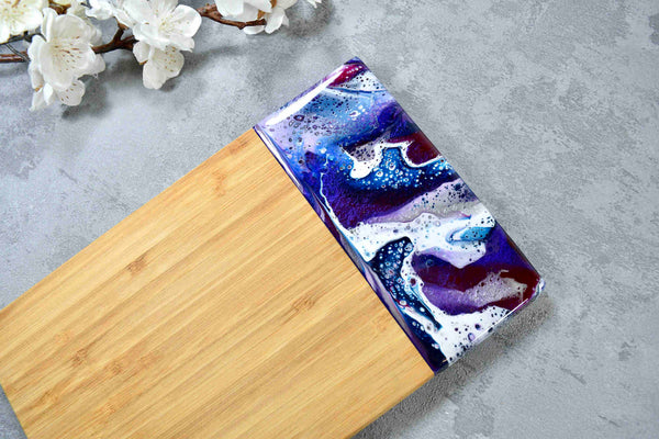 Bamboo Cutting Board with Purple Resin Art 24cm - Unique Birthday Gift