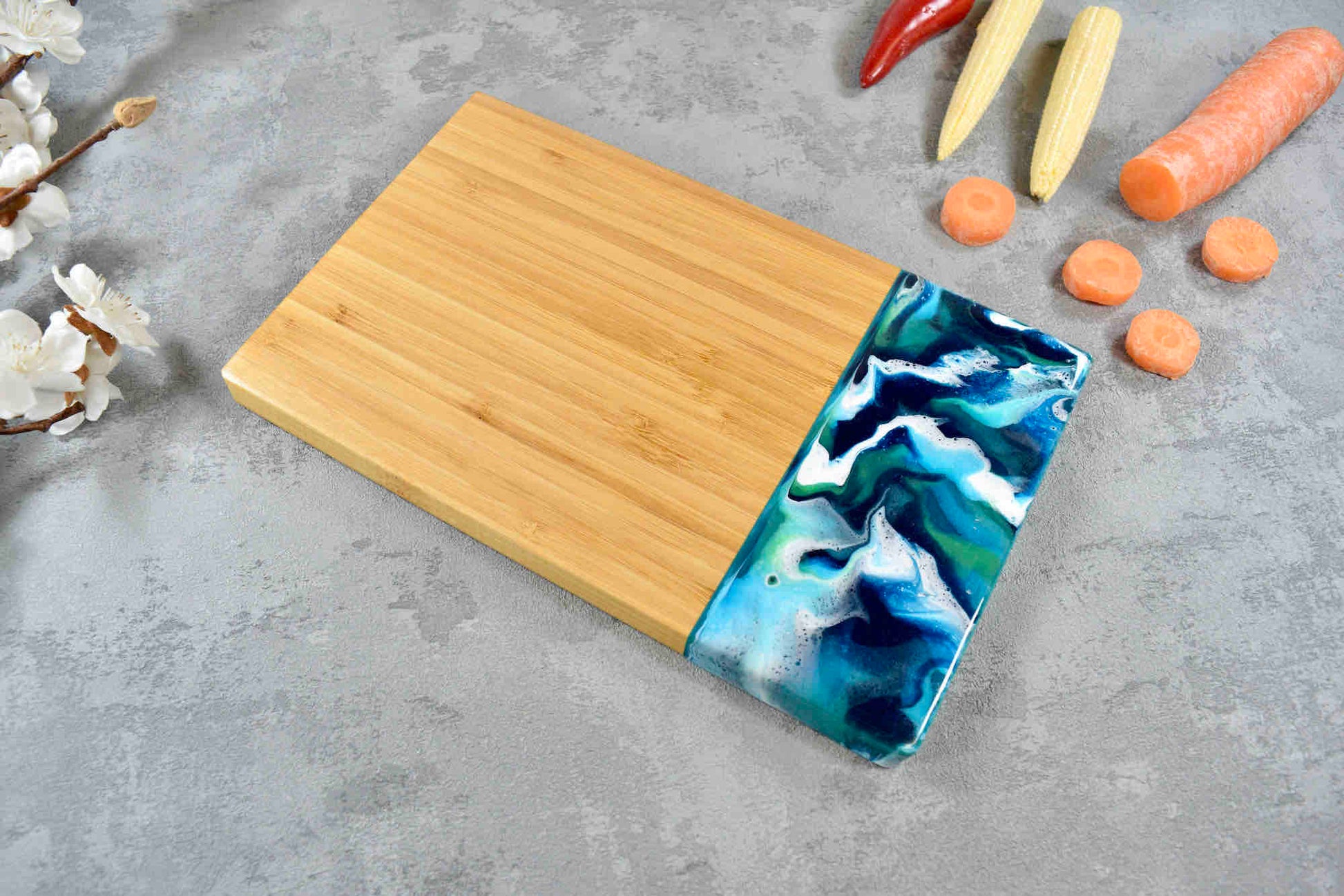 Bamboo Cutting Board with Ocean Blue Resin Art 24cm