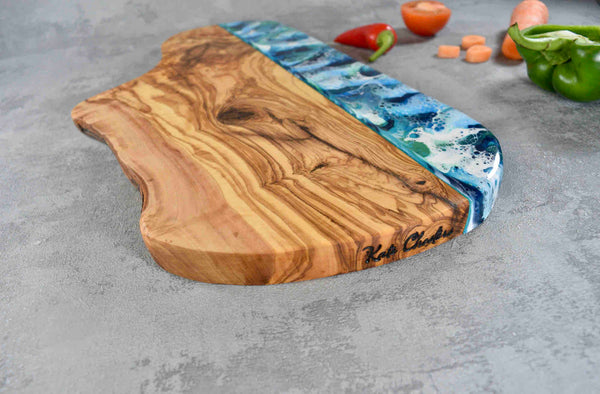 Large Rustic Olive Wood Board with Ocean Blue Resin Art 40cm 