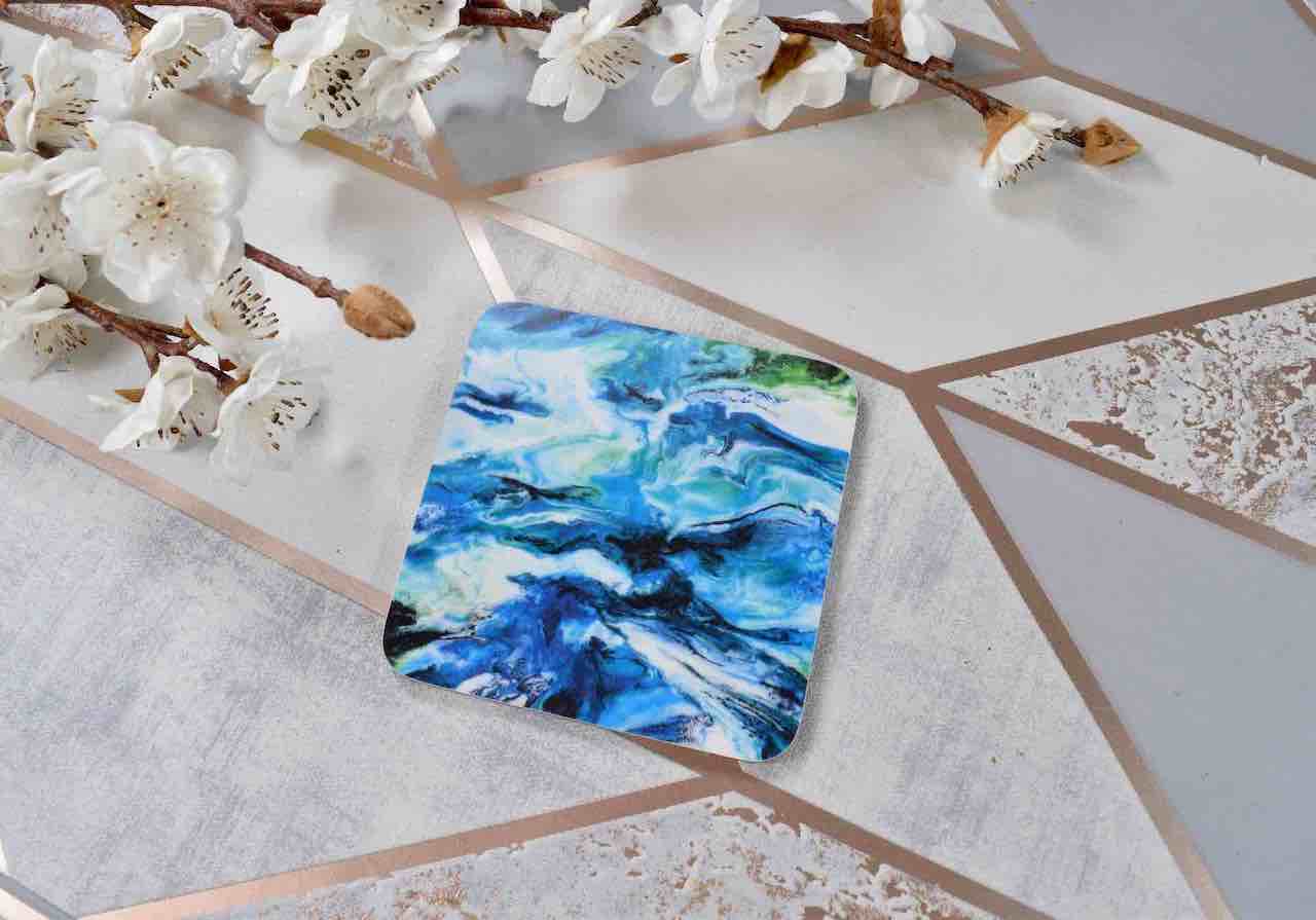 Melamine Coaster Set with Ocean Blue Abstract Art - Housewarming Gift - Beach House - Coastal Home Decor