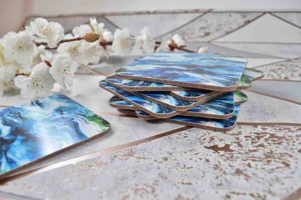 Melamine Coaster Set with Ocean Blue Abstract Art - Housewarming Gift - Beach House - Coastal Home Decor