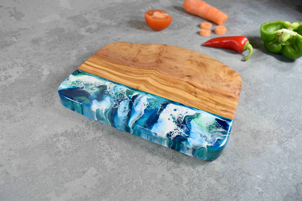 Olive Wood Board with Blue Green Resin Art 20cm - 5th Anniversary Gift