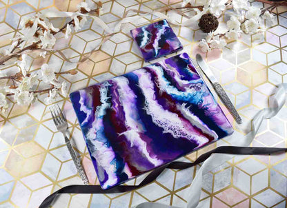 Purple Resin Art Placemats and Drinks Coasters - Designer Table Mats - Colourful Home Decor Lavender Lilac