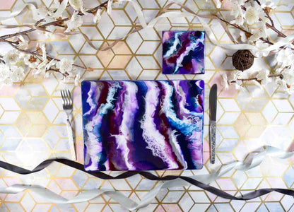 Purple Resin Art Placemats and Drinks Coasters - Designer Table Mats - Colourful Home Decor Lavender Lilac