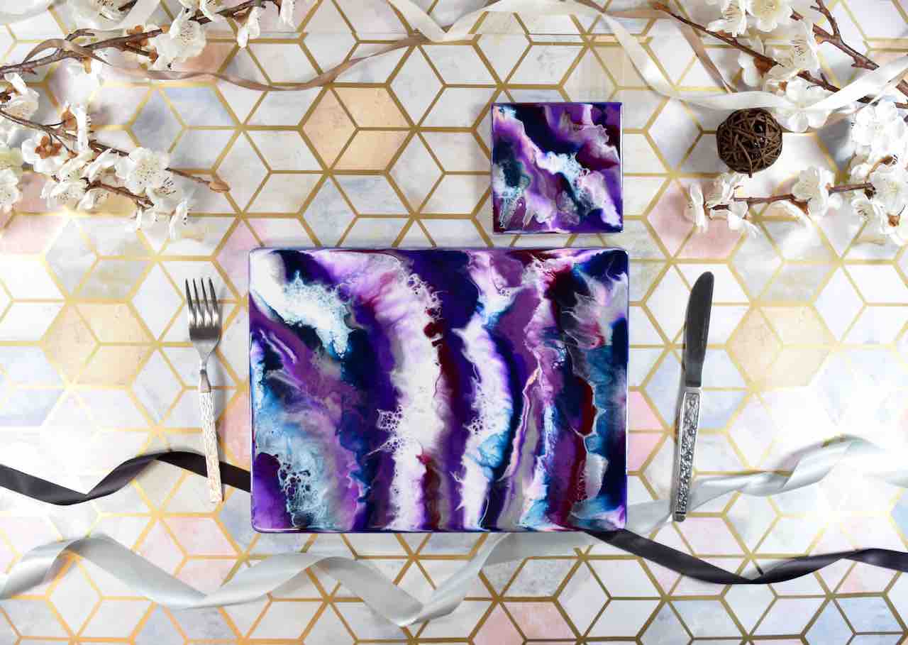 Purple Resin Art Placemats and Drinks Coasters - Designer Table Mats - Colourful Home Decor Lavender Lilac