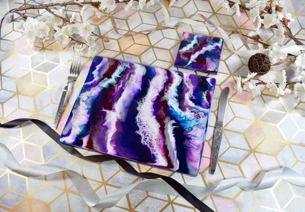 Purple Resin Art Placemats and Drinks Coasters - Designer Table Mats - Colourful Home Decor Lavender Lilac