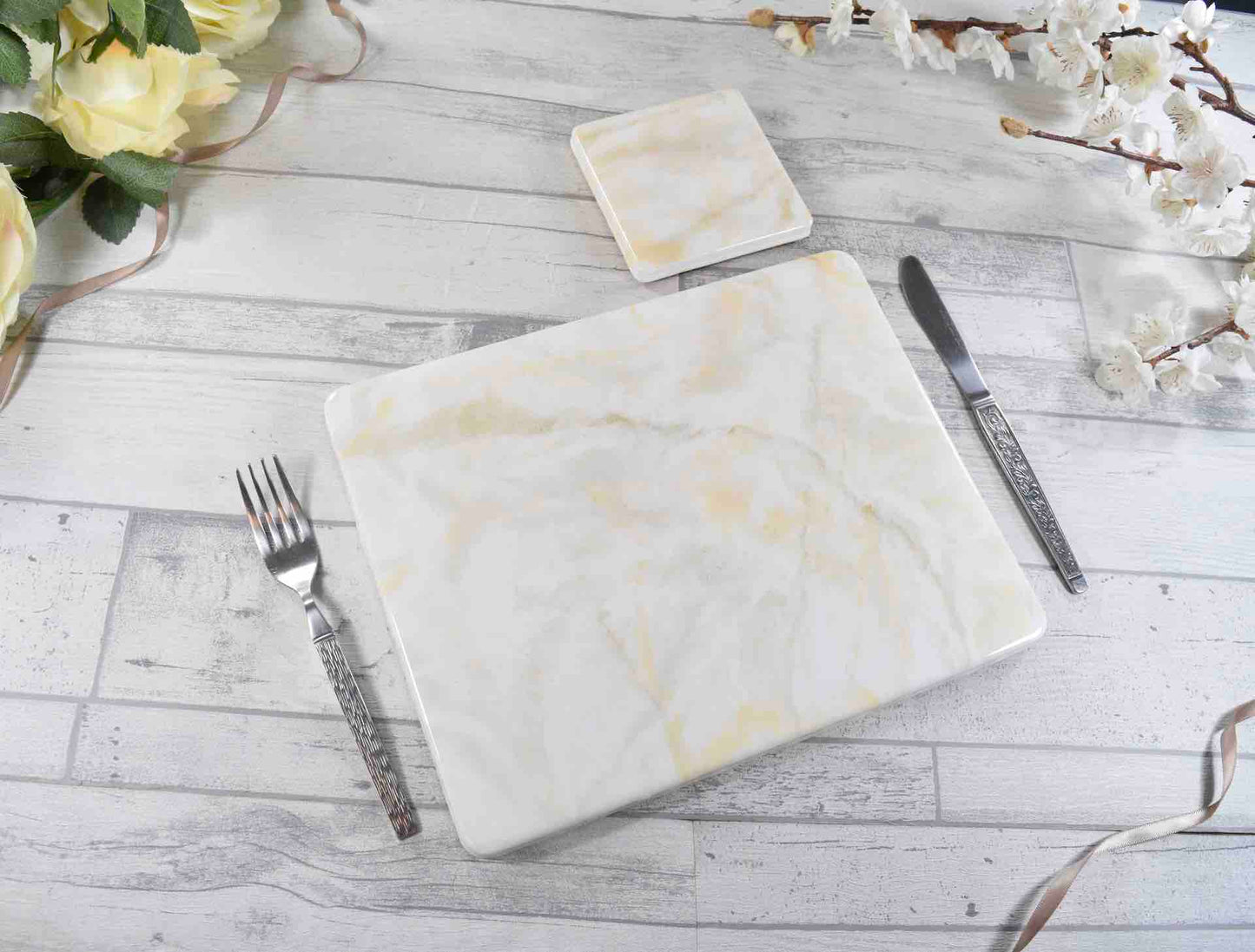 White Cream Gold Placemats and Coasters Set - Designer Table Mats