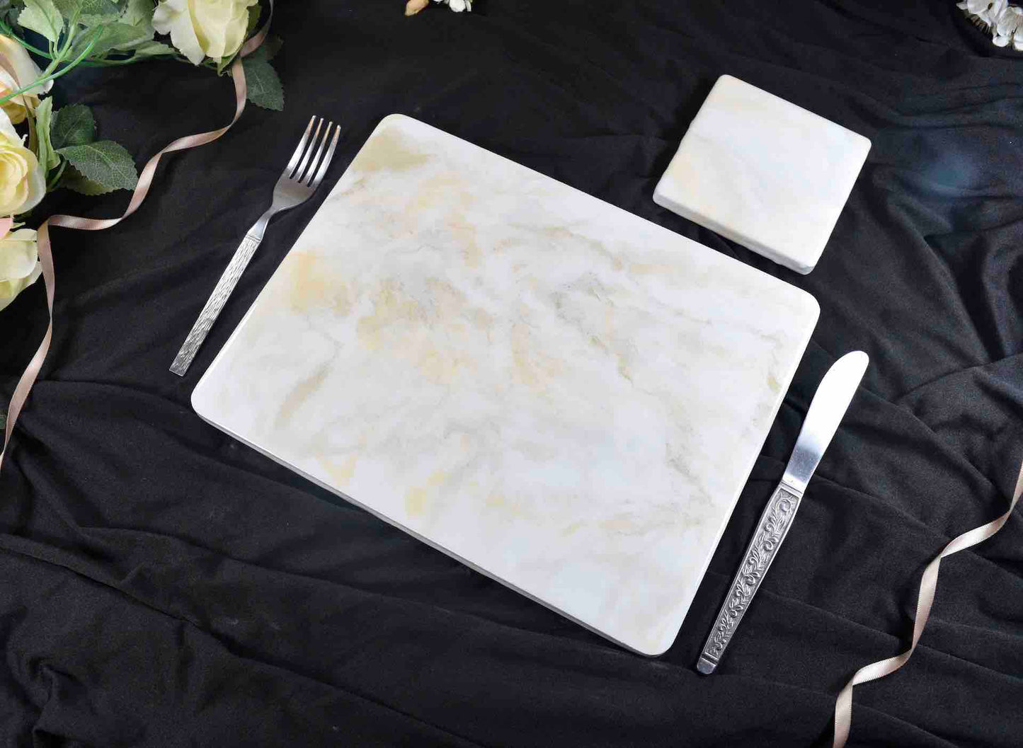 White Cream Gold Placemats and Coasters Set - Designer Table Mats